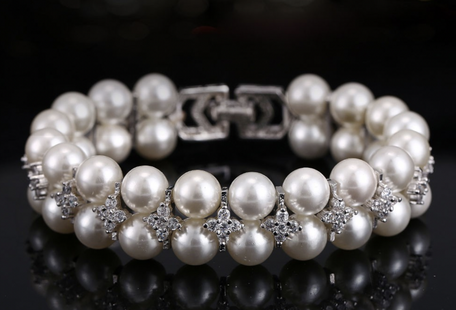 Handmade Vintage Double Row Pearl Crystal Bracelet