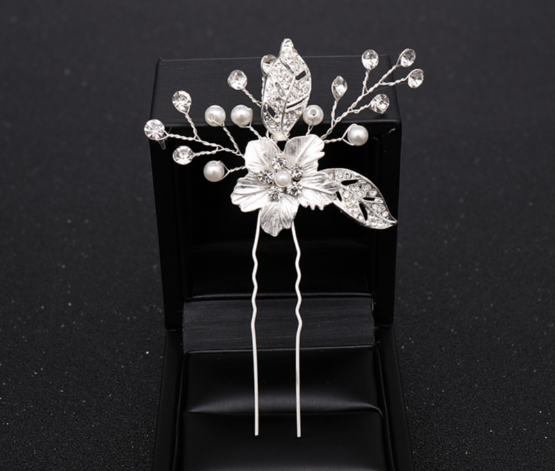 Center Brushed Silver Leaf Flower Crystal Spray Hair Pic