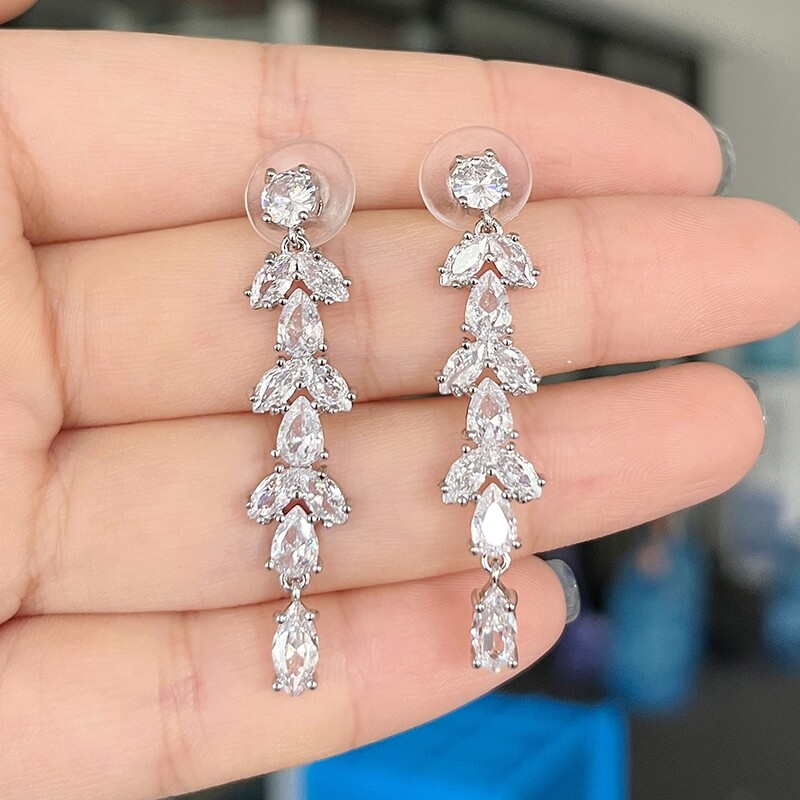 AAA Cubic Zirconia Marquise Leaf Long Dangle Earrings
