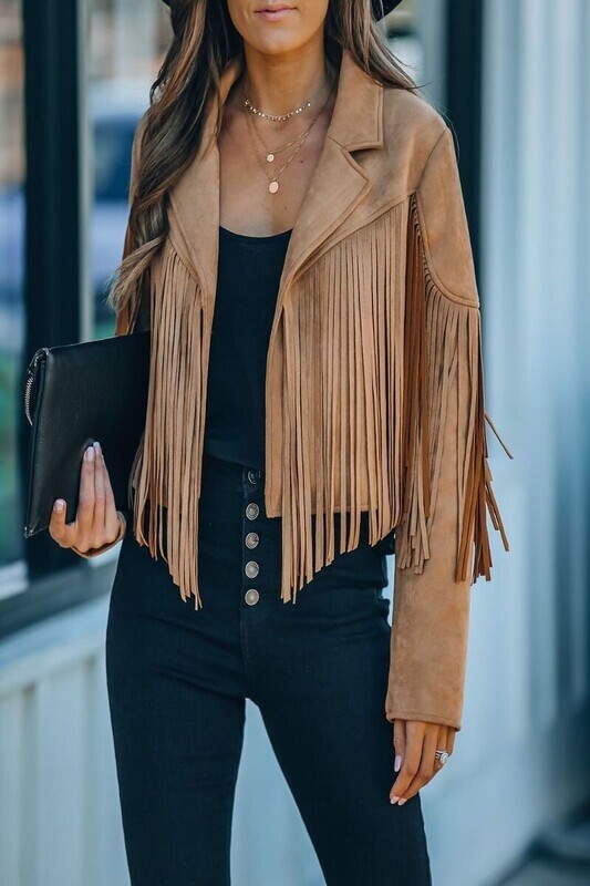 Camel Faux Suede Fringed Jacket