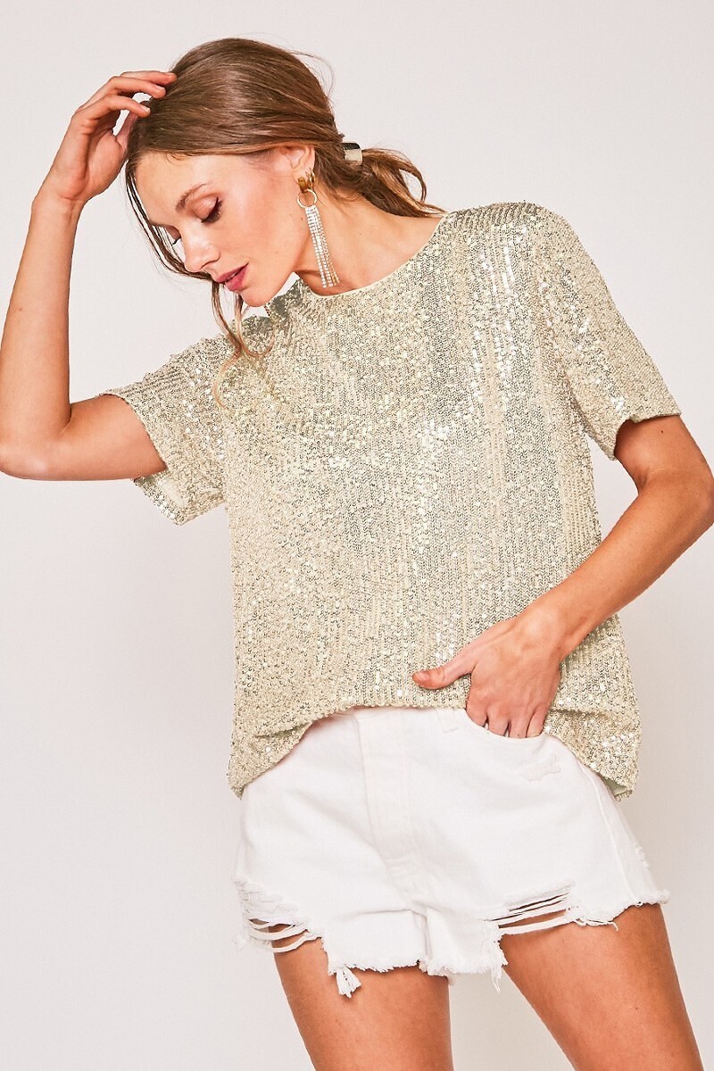 Taupe Round Neck Short Sleeve Sequin Top