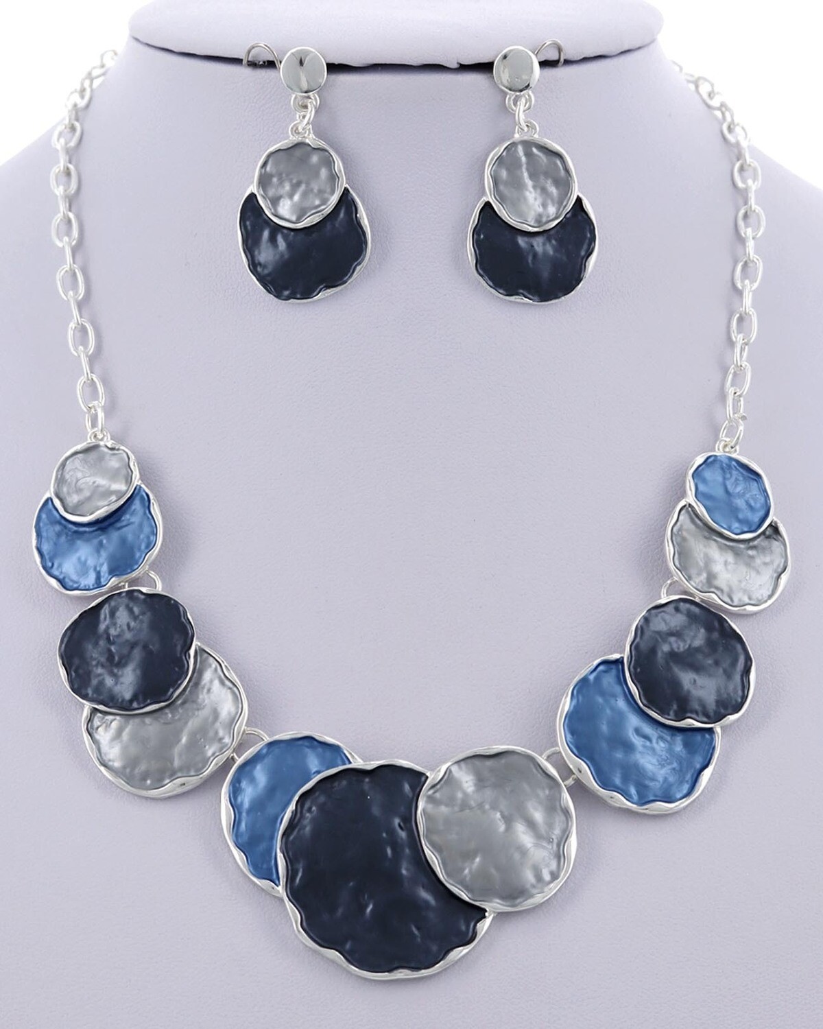 Metal Enamel Disc Statement Necklace &amp; Earring Set, Color: Grey/Light Blue