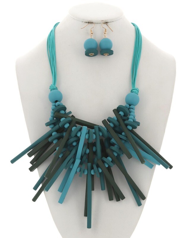 Teal Multi Strand Wood Cord Necklace &amp; Earring Set