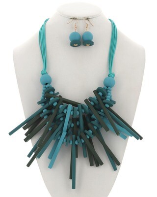 Teal Multi Strand Wood Cord Necklace & Earring Set