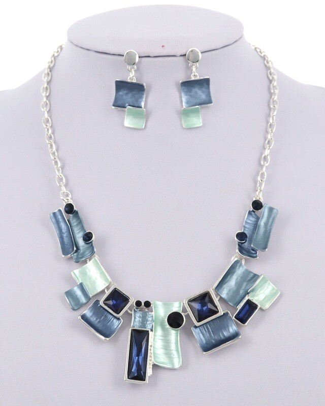 Blue Tones Glass Metal Necklace &amp; Earring Set