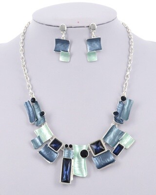 Blue Tones Glass Metal Necklace & Earring Set