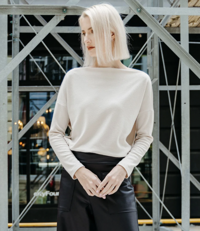 Bone French Terry Knit Side Ruched Sweater Top