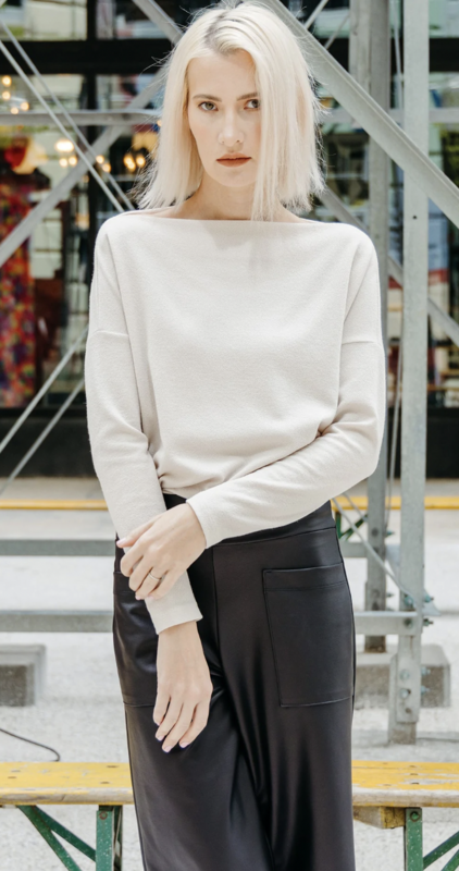 Bone French Terry Knit Side Ruched Sweater Top