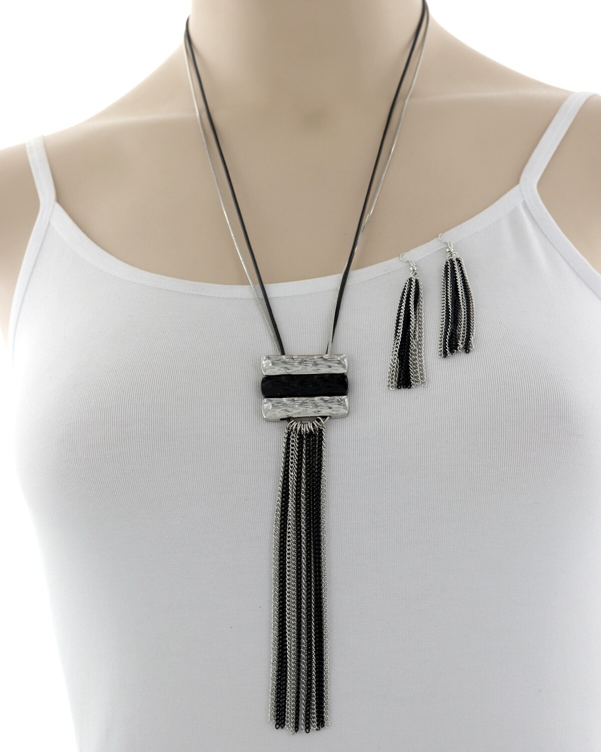 Metal Pendant Fringe Necklace &amp; Earring Set, Color: Silver/Black