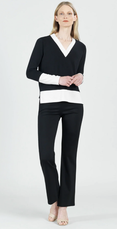 Black/Bone Terry Like Color Block V Neck Top