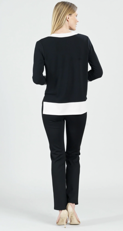 Black/Bone Terry Like Color Block V Neck Top