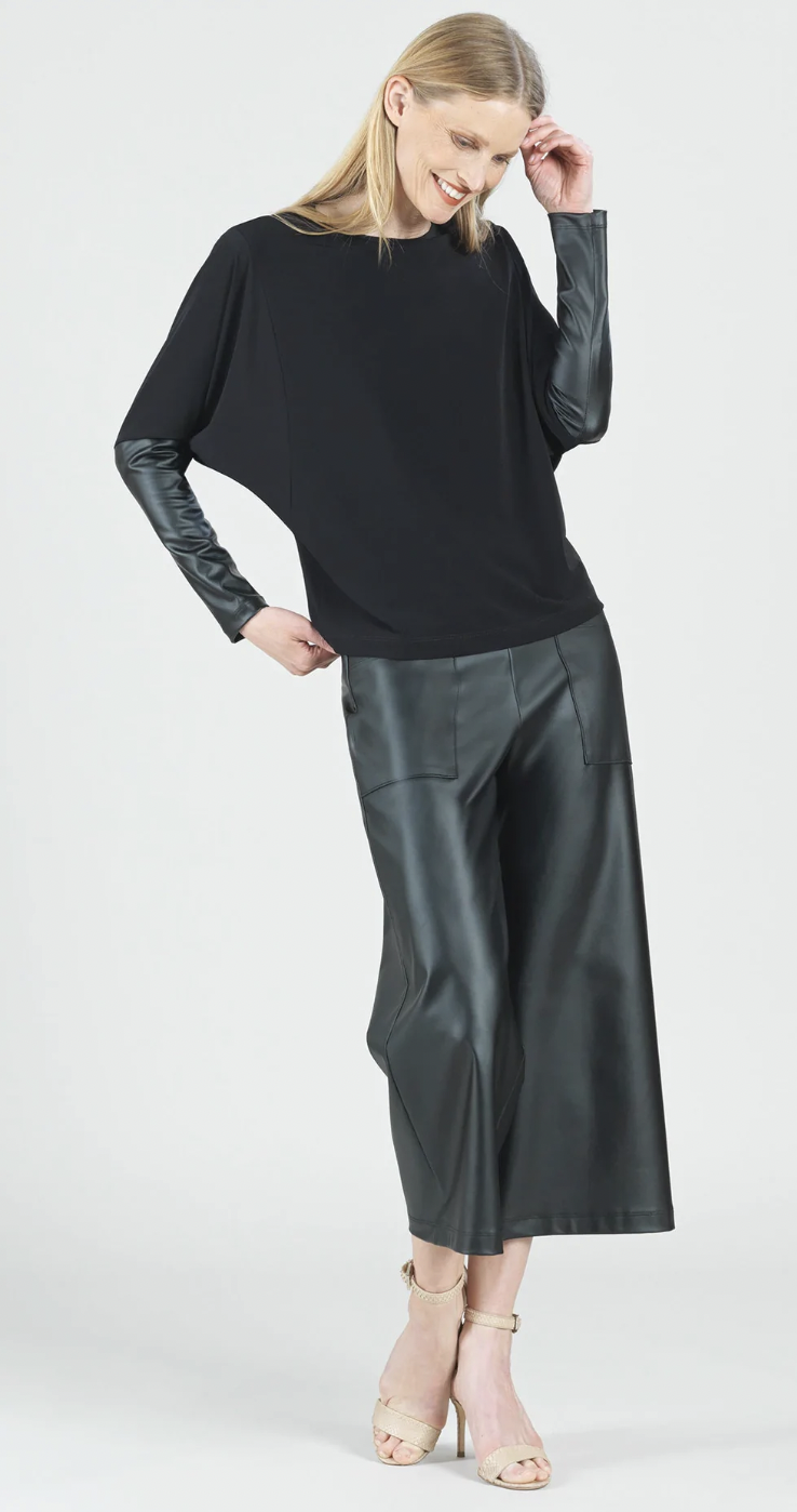 Black Dolman Sleeve Liquid Leather Cuff Top