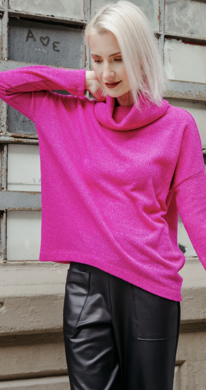Hot Pink Twill Knit - Tipped Hem Sweater Top