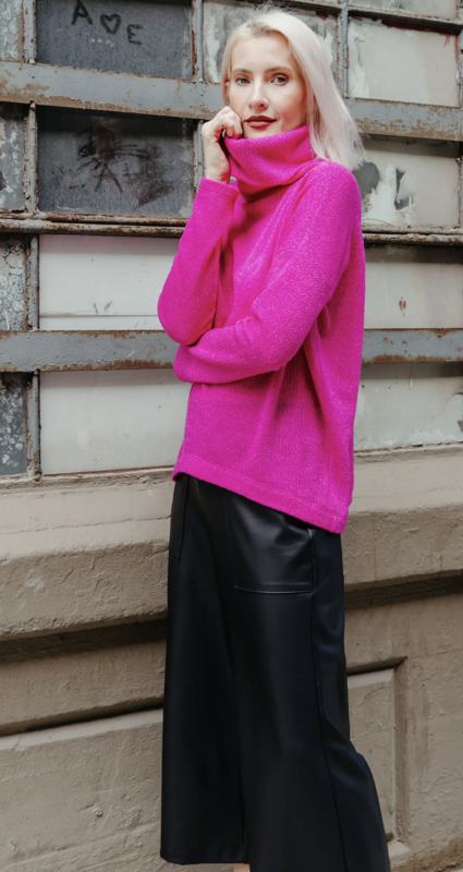 Hot Pink Twill Knit - Tipped Hem Sweater Top