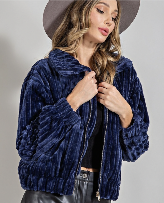 Navy Crushed Velvet Slightly Cropped Jacket