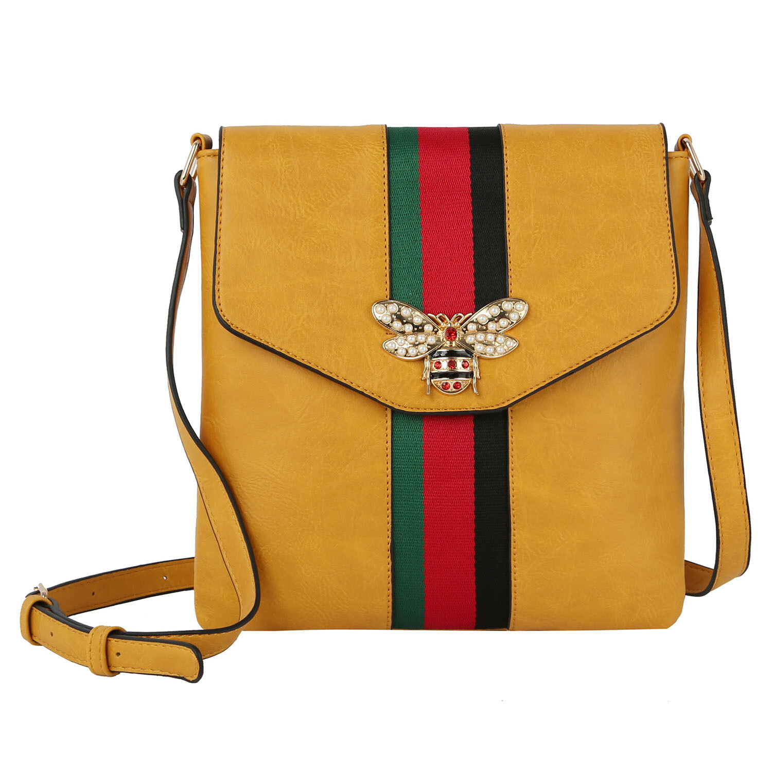 Designer Look Queen Bee Stripe Flap Crossbody , Color: Mustard