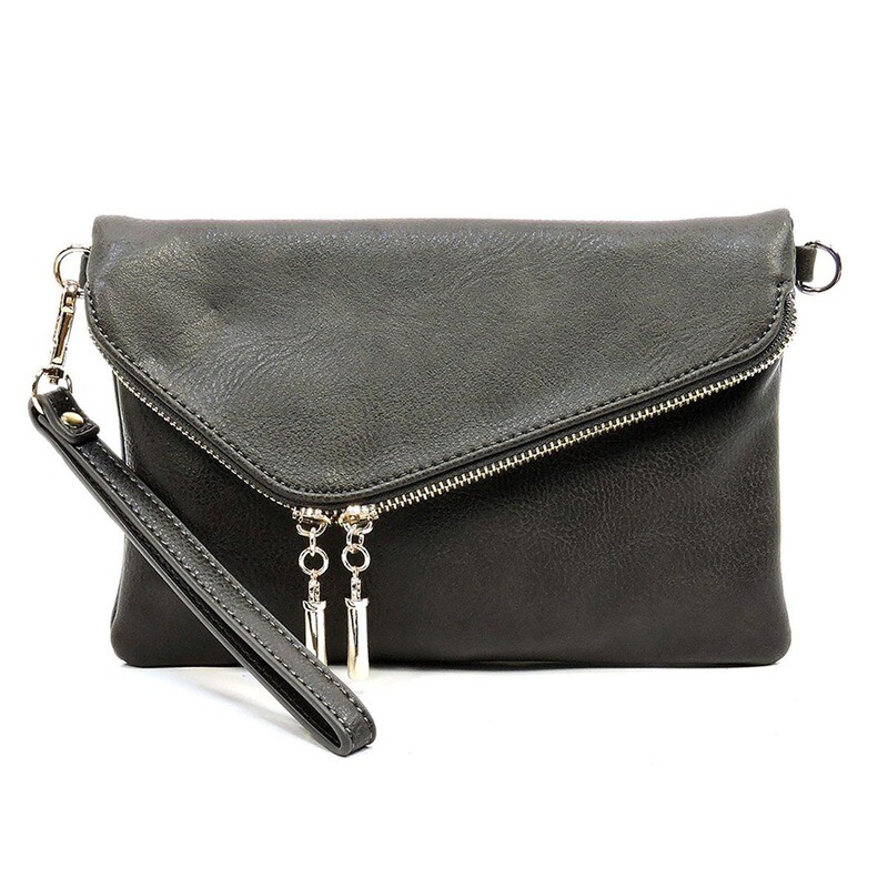 Vegan Leather Envelope Zipper Flap Clutch