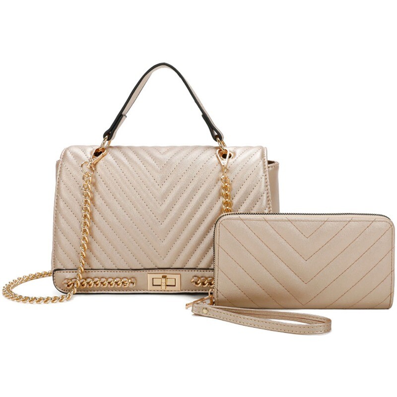 Chevron Quilted Twist Lock Flap 2-in-1 Shoulder Bag