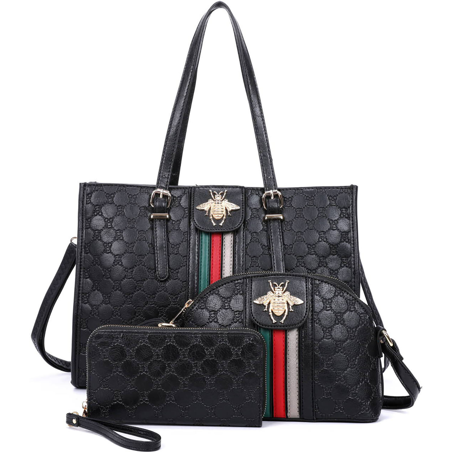 Designer Look Monogram 3-in-1 Boxy Satchel Set, Color: Black