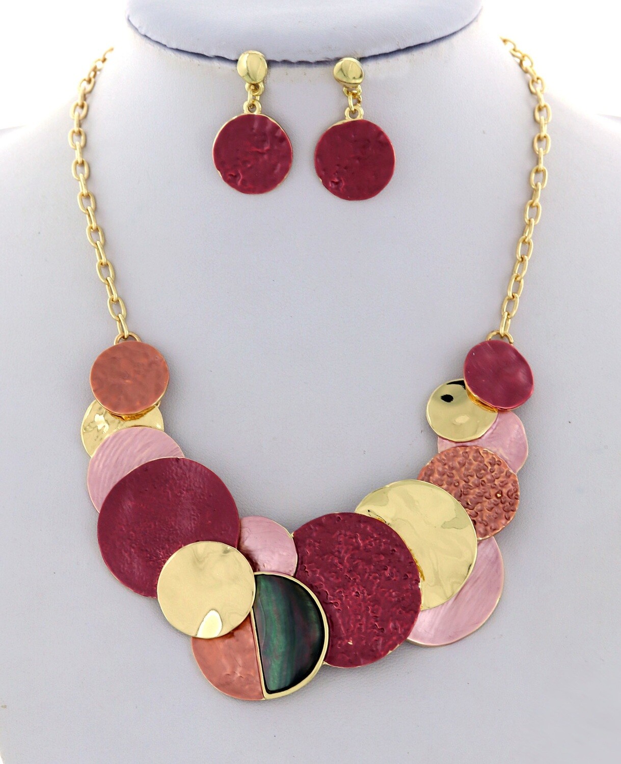 Gold/Mauve Tone Round Disc Necklace Set