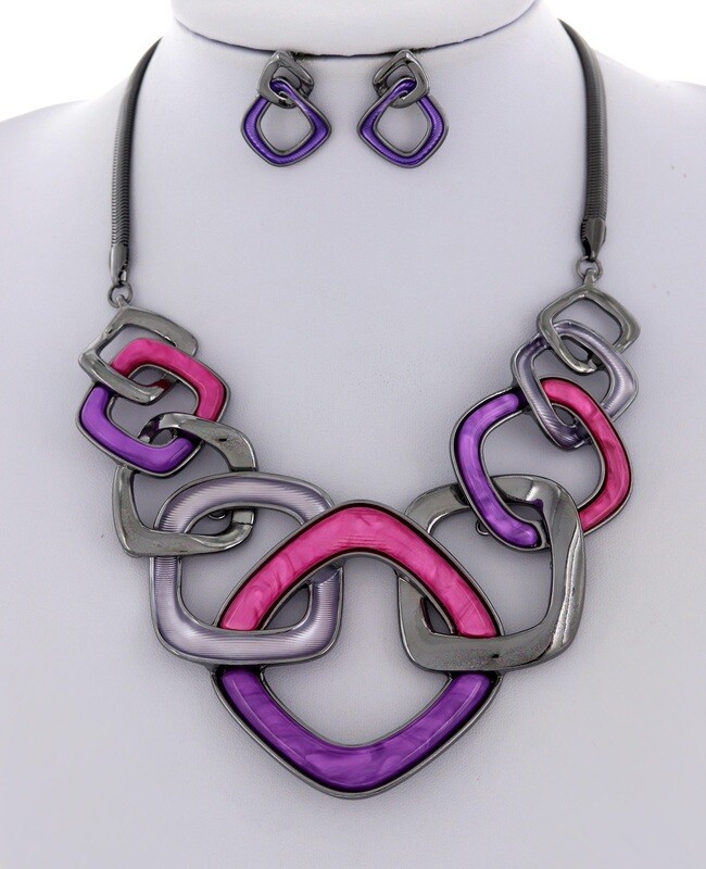Interlocking Gunmetal/Purple/Pink Acrylic Necklace &amp; Earring Set
