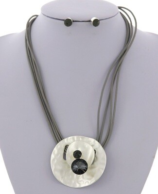 Matt Silver Pendant/Grey Cord Necklace Set