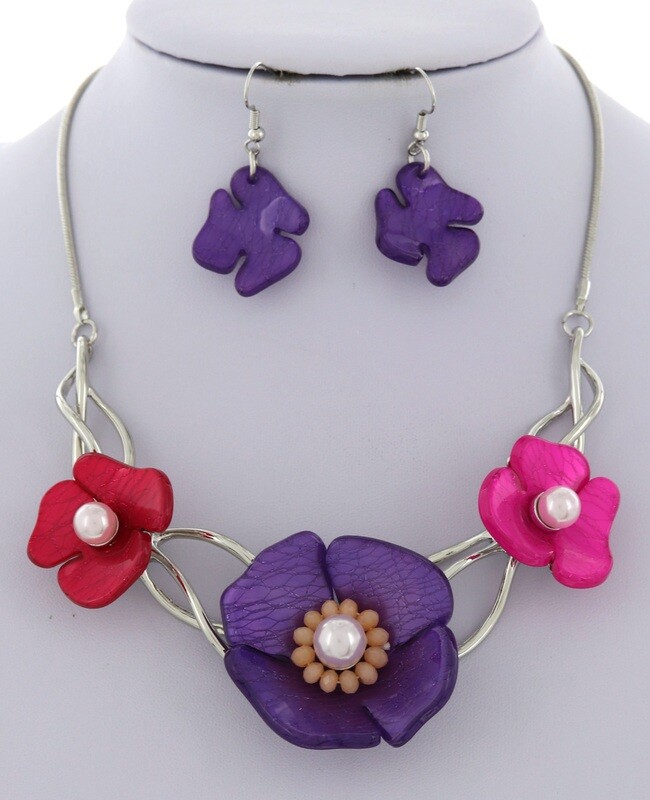 Silver/Pink/Purple Flower Acrylic Necklace &amp; Earring Set