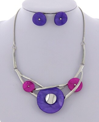 Silver/Pink/Purple Abstract Acrylic Disc Necklace Set