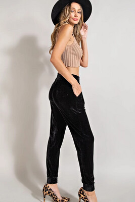 Black Velvet Joggers-Elastic Waistband-Side Pocket