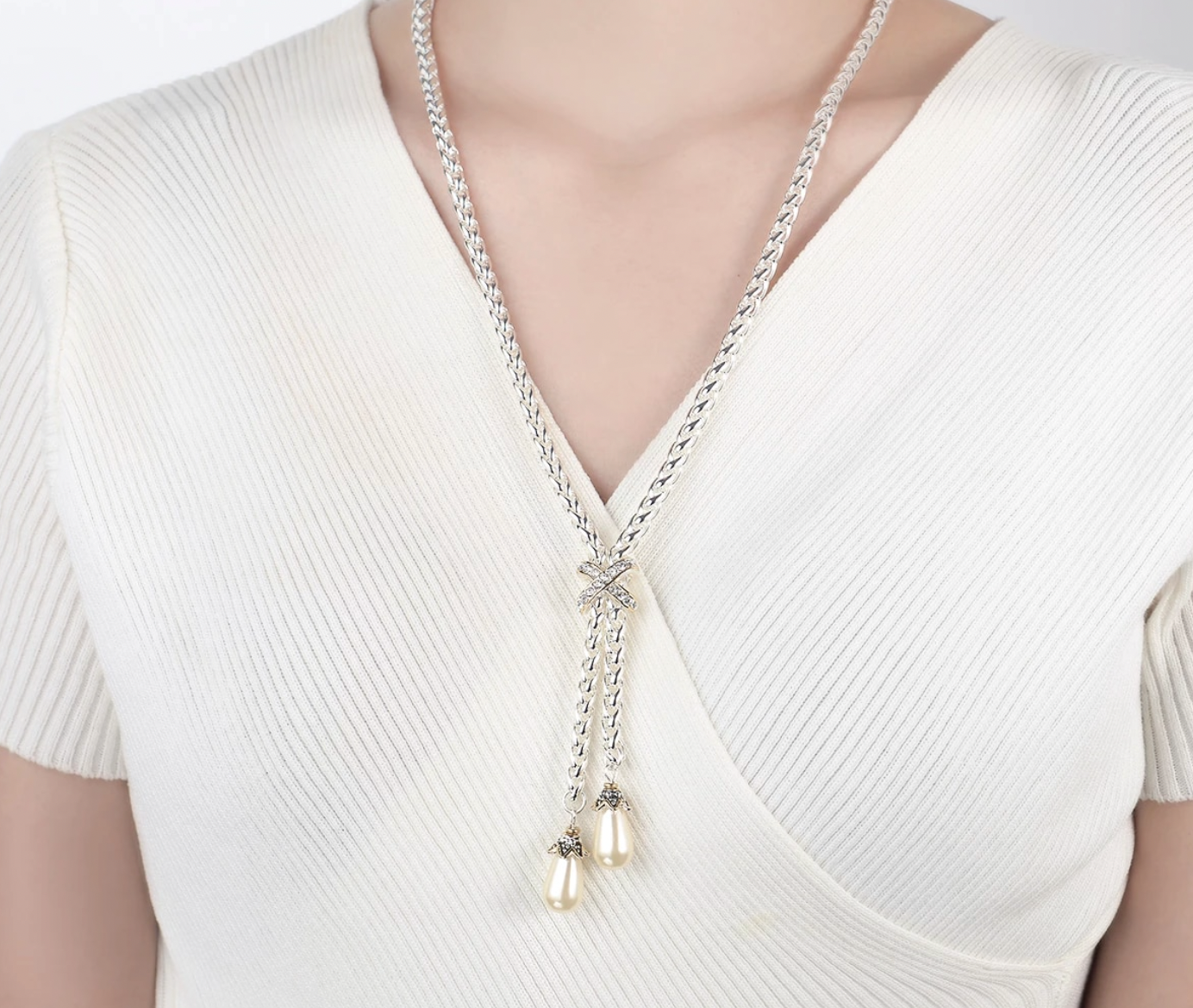 Designer Look Silver Link Crystal/Pearl Drop Long Necklace