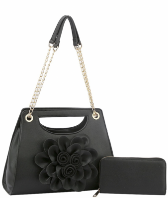 Black/Gold Chain Flower Front Bag with Wallet