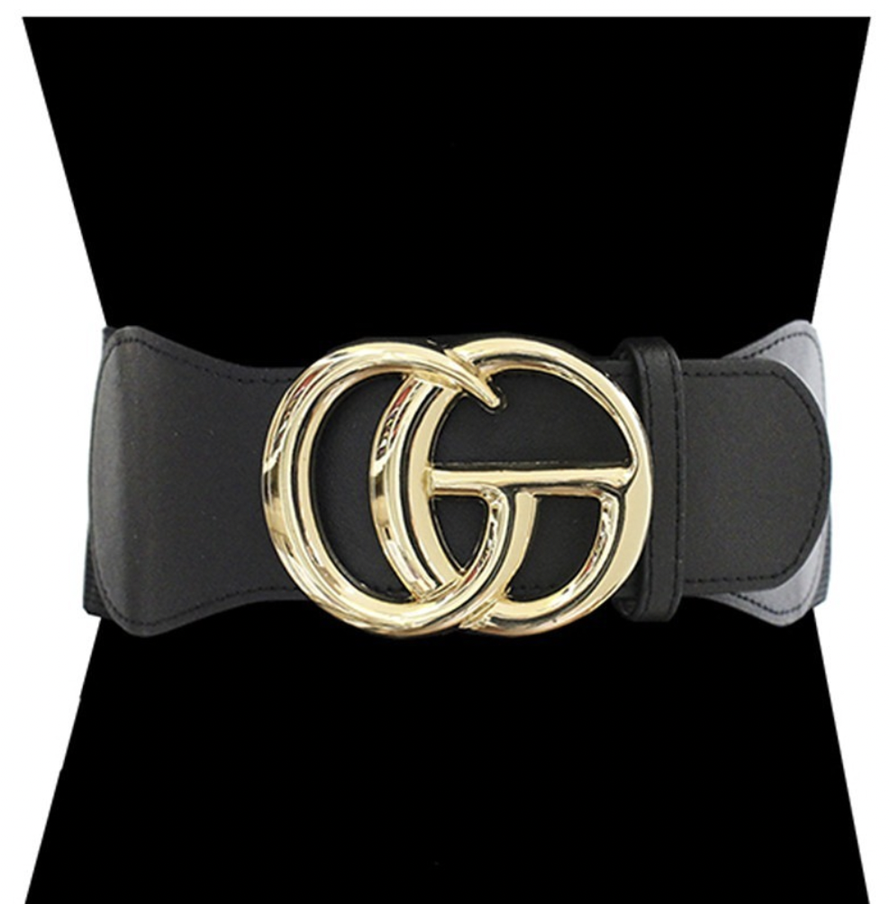 Designer Inspired Stretch Wide Belt, Color: Black/Gold
