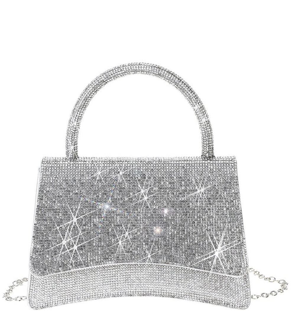 Full Crystal Flap Front Handel Evening Bag, Color: Silver