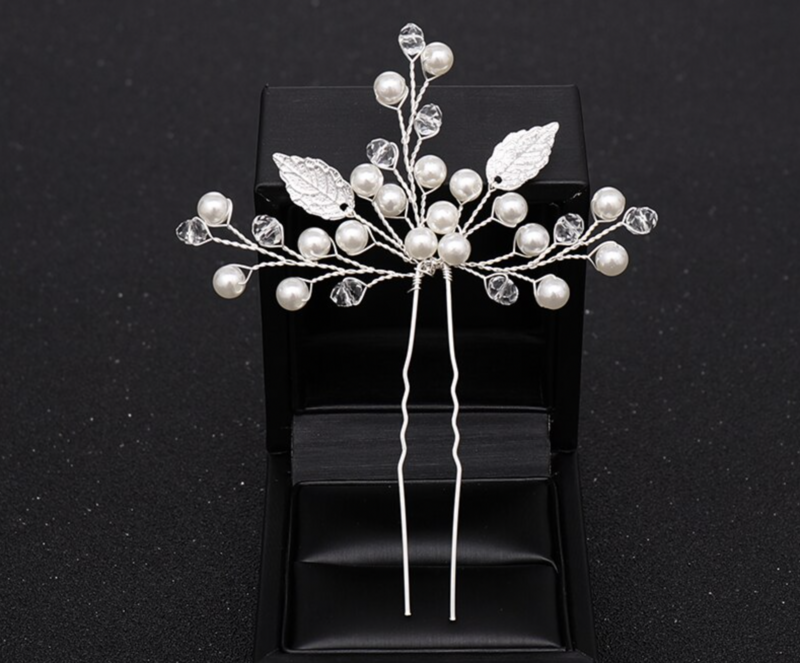 Silver Crystal Faux Pearl Scattered Leaf Hair Pic