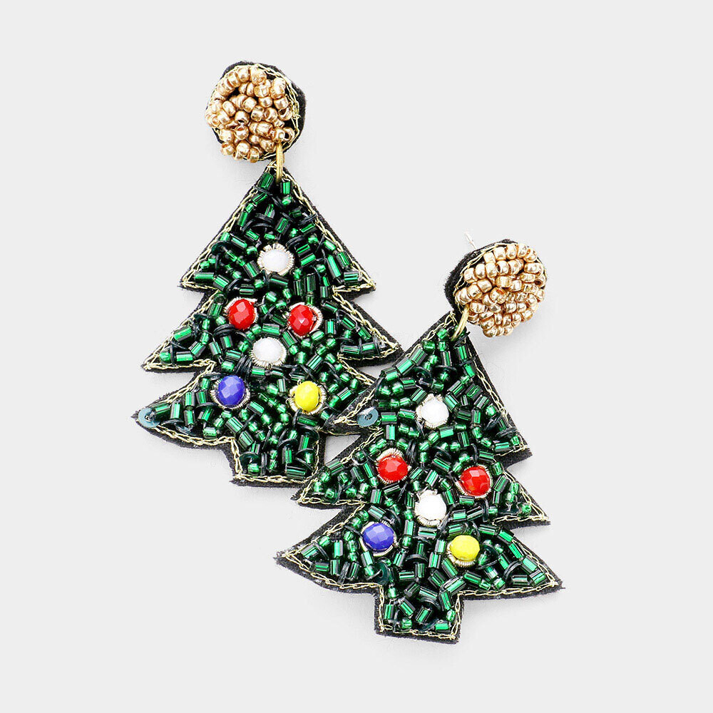 Felt Back Multi Bead Christmas Tree Earrings