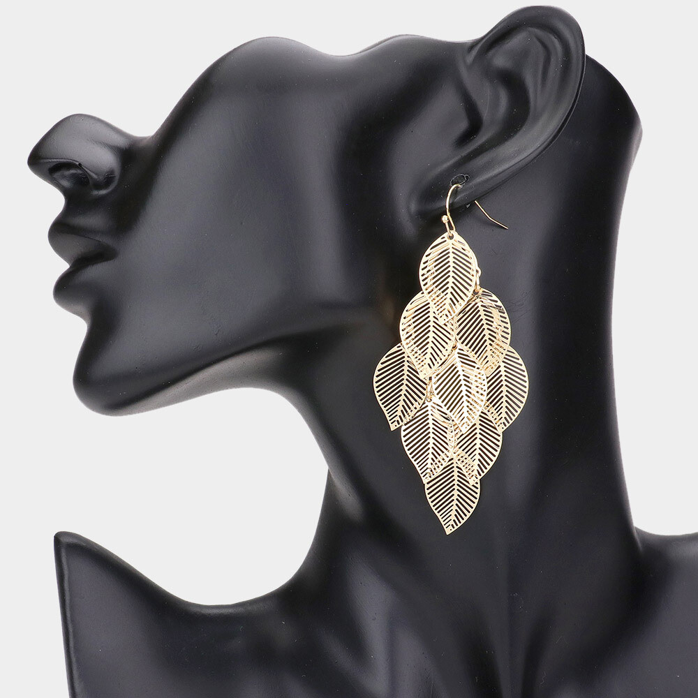 Gold Metal Leaf Cluster Vine Earrings