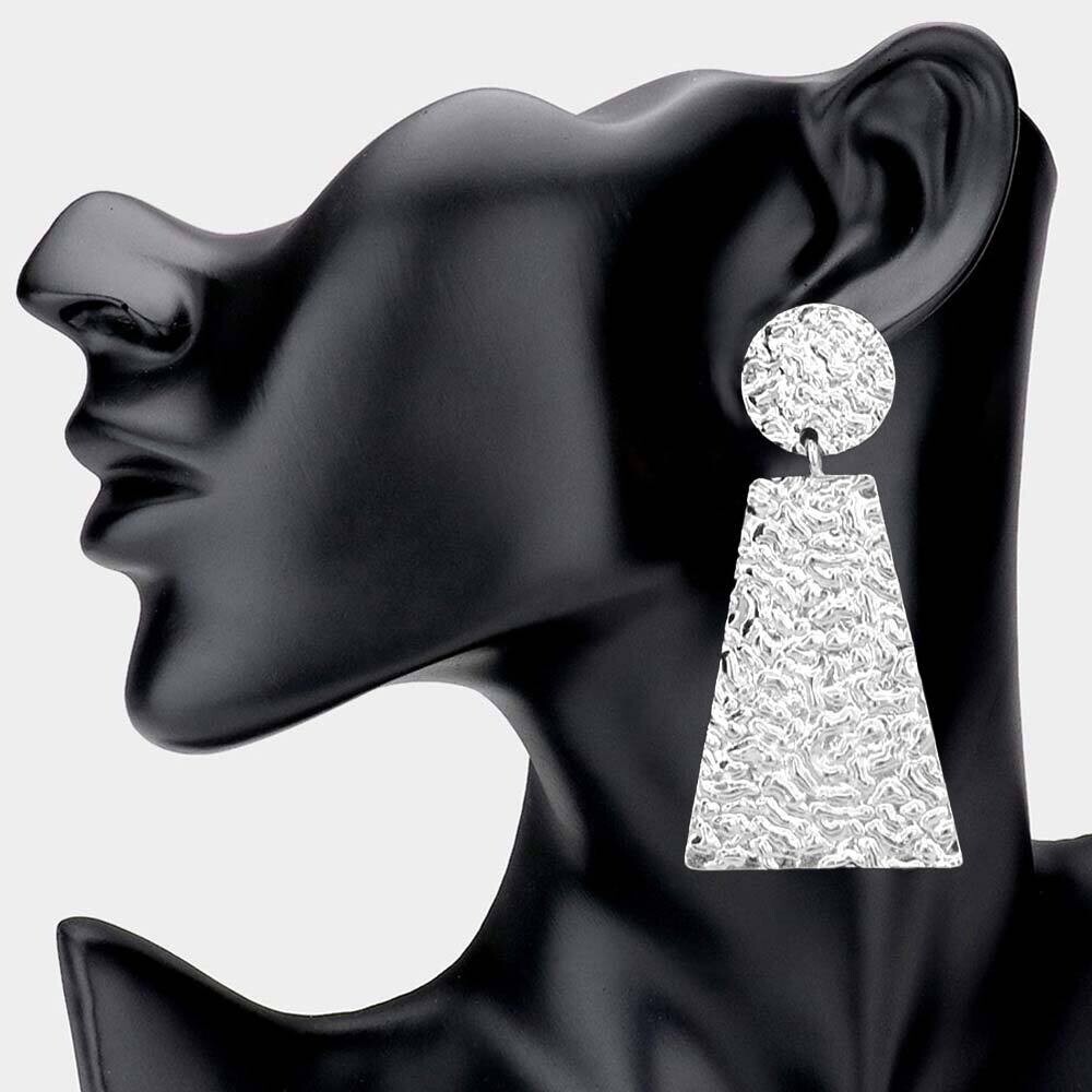 Textured Metal Round Trapezoid Link Dangle Earring, Color: Silver