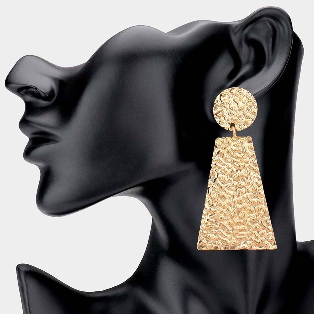 Textured Metal Round Trapezoid Link Dangle Earring