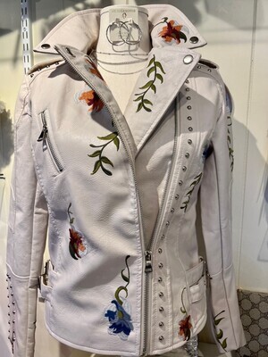 Cream Vegan Leather Embroidered Floral Jacket