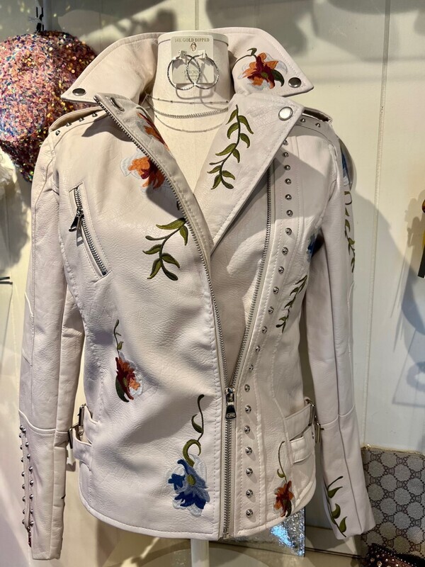 Cream Vegan Leather Embroidered Floral Jacket