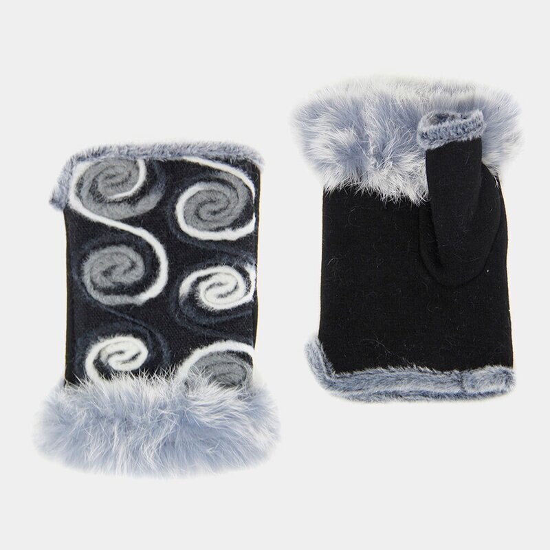 Embroidery Fingerless Fur Glove, Color: Black