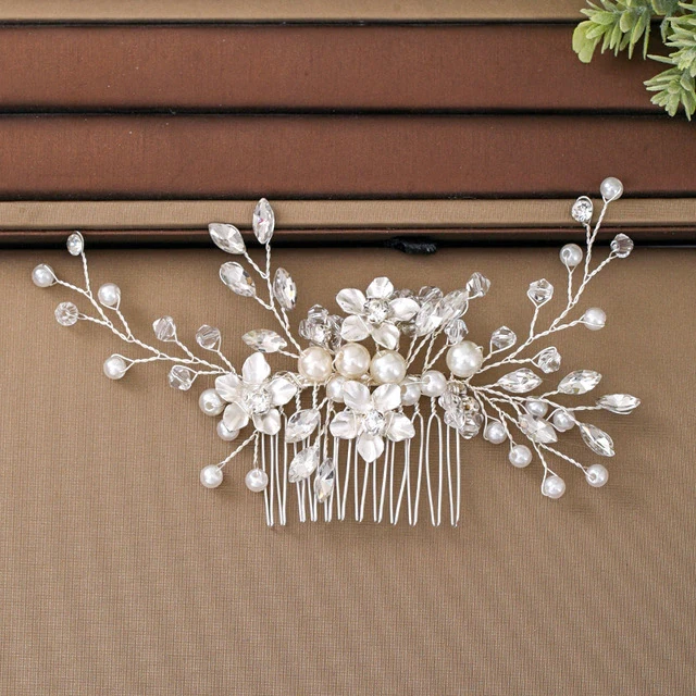 Silver Clear Crystal Matt Floral Botanical Spray Hair Comb