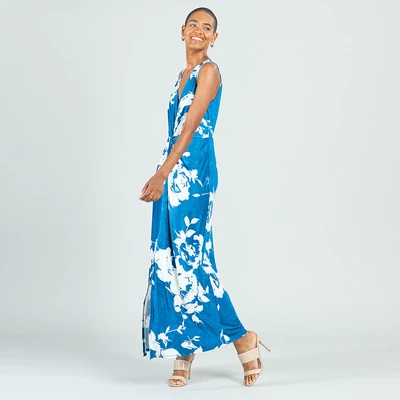 Navy/White Crushed Silk Knit Center Slit Maxi