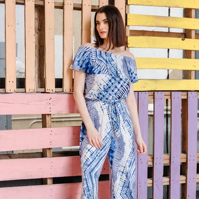 Acid Wash Ruffle Off Shoulder Pocket Jumpsuit