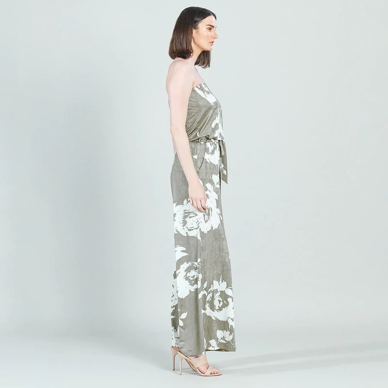 Floral Taupe Crush Silk Knit Tube Top Jumpsuit