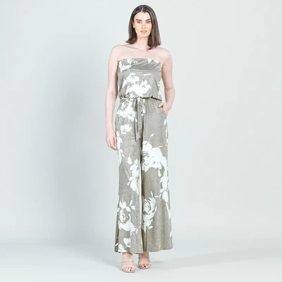 Floral Taupe Crush Silk Knit  Tube Top  Jumpsuit