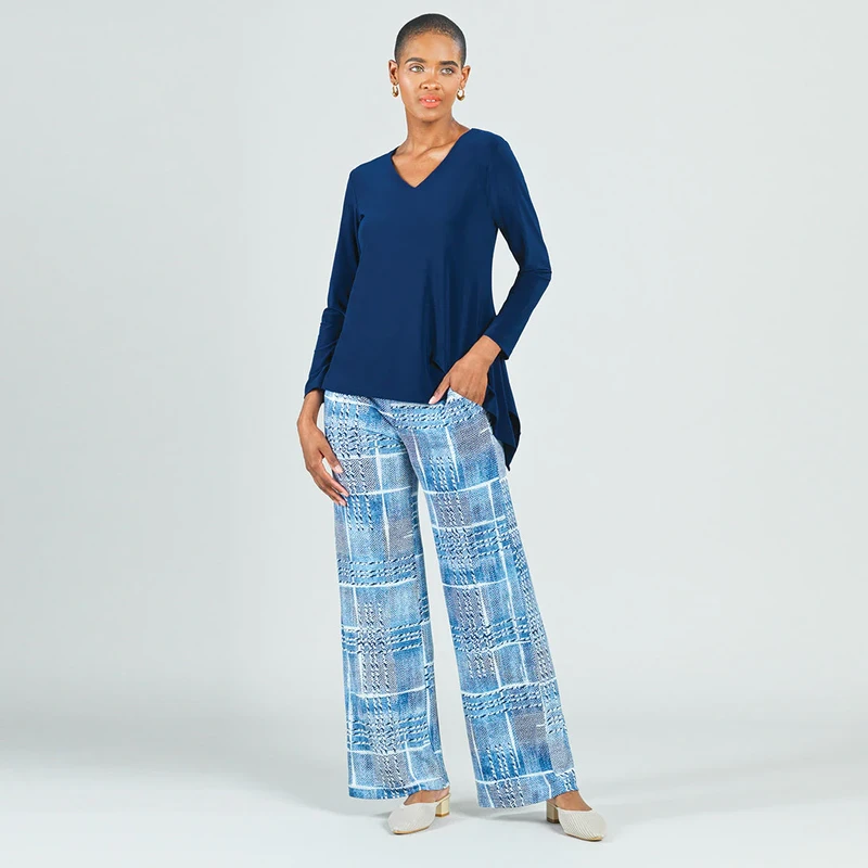 Denim Plaid Textured Wide Leg Pocket Pant