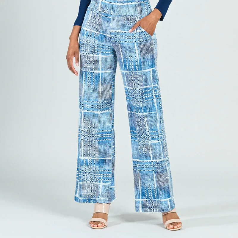 Denim Plaid Textured Wide Leg Pocket Pant