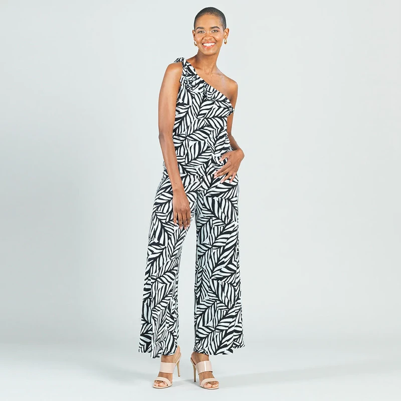 Black/White Leaf Stripe Palazzo Pant