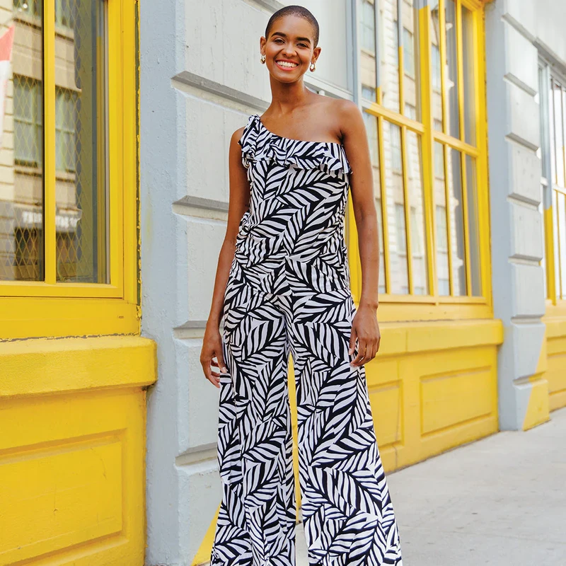 Leaf Stripe Ribbon One Shoulder Ruffle Top